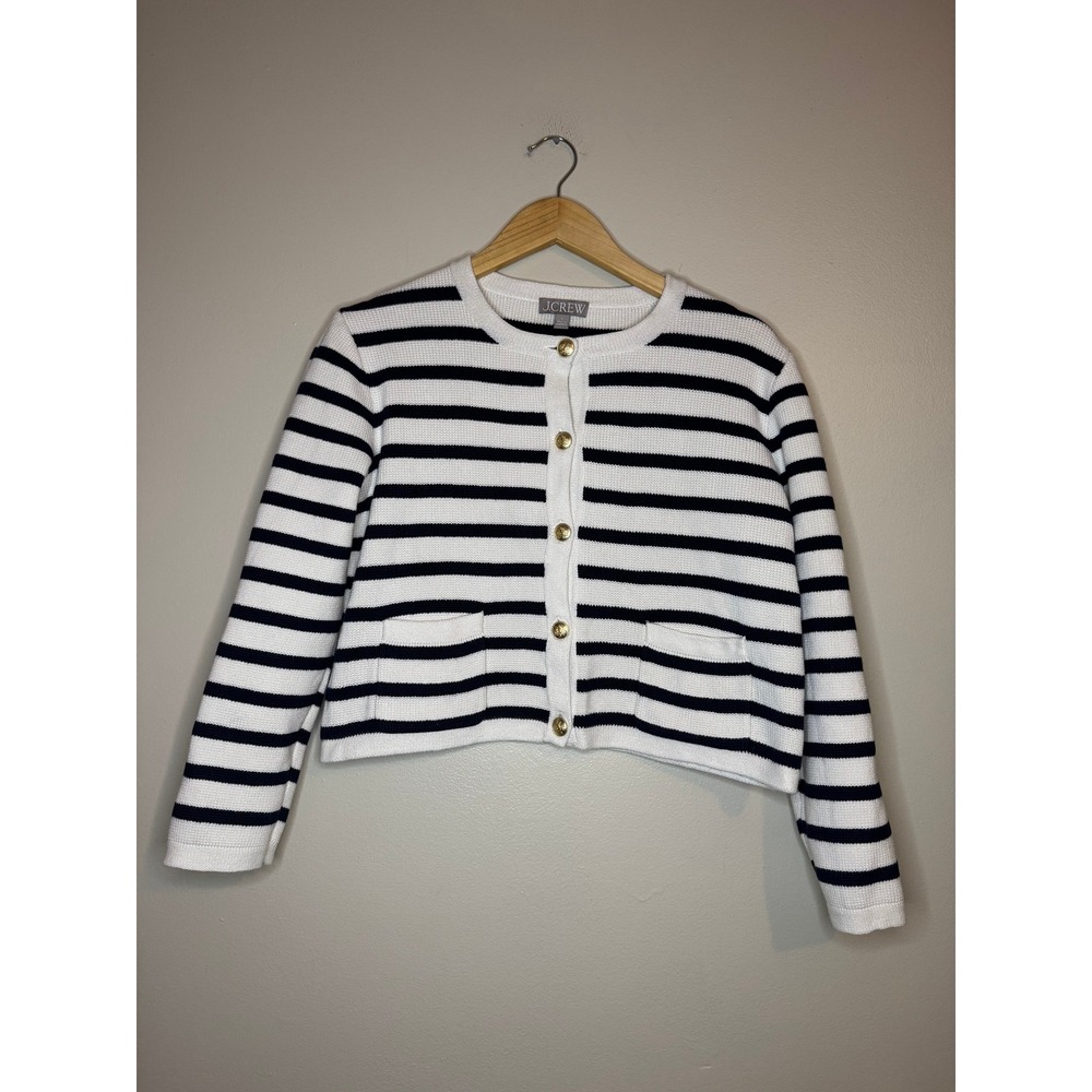 J.Crew Striped Cardigan Navy White Gold Button Crop Sweater